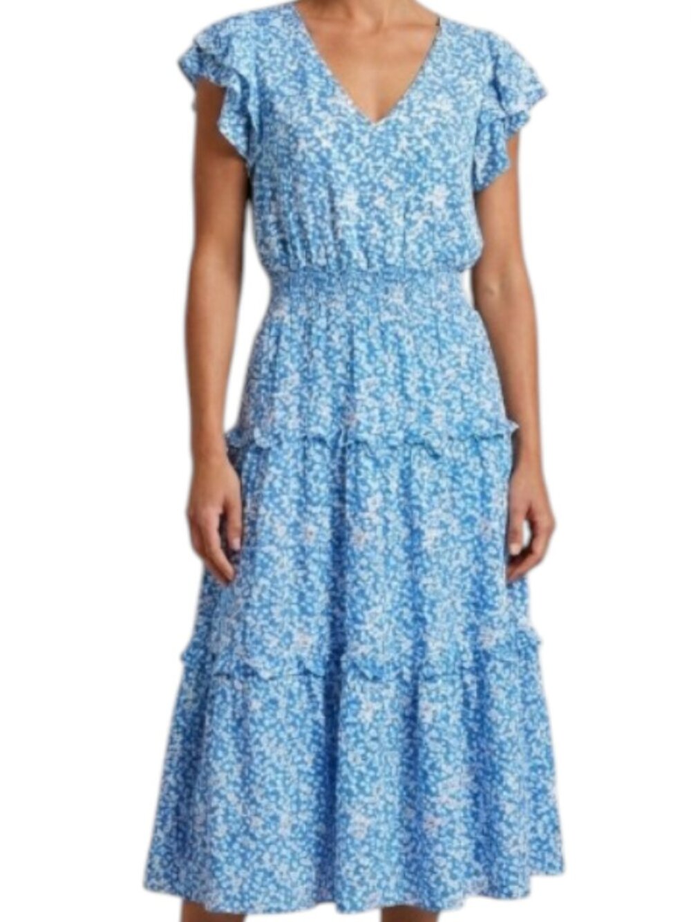Sienna Sky Floral Midi Dress Blue Flutter Sleeve Smocked Tiered Cottagecore